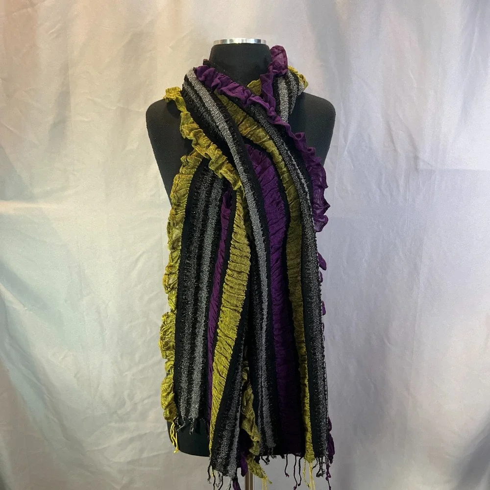 Boho Ruffle Scarf Multicolor Striped Metallic Knitted Crinkle Fringe Shawl Wrap